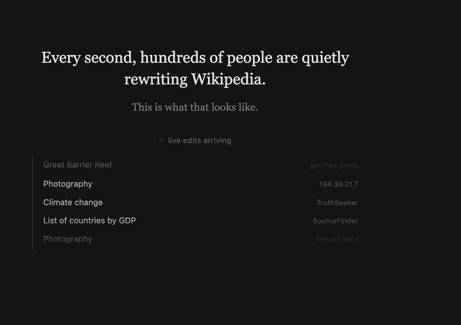 Screenshot of Wikipedia Live, an AI-powered live data storyteller showing Wikipedia edits arriving in real time