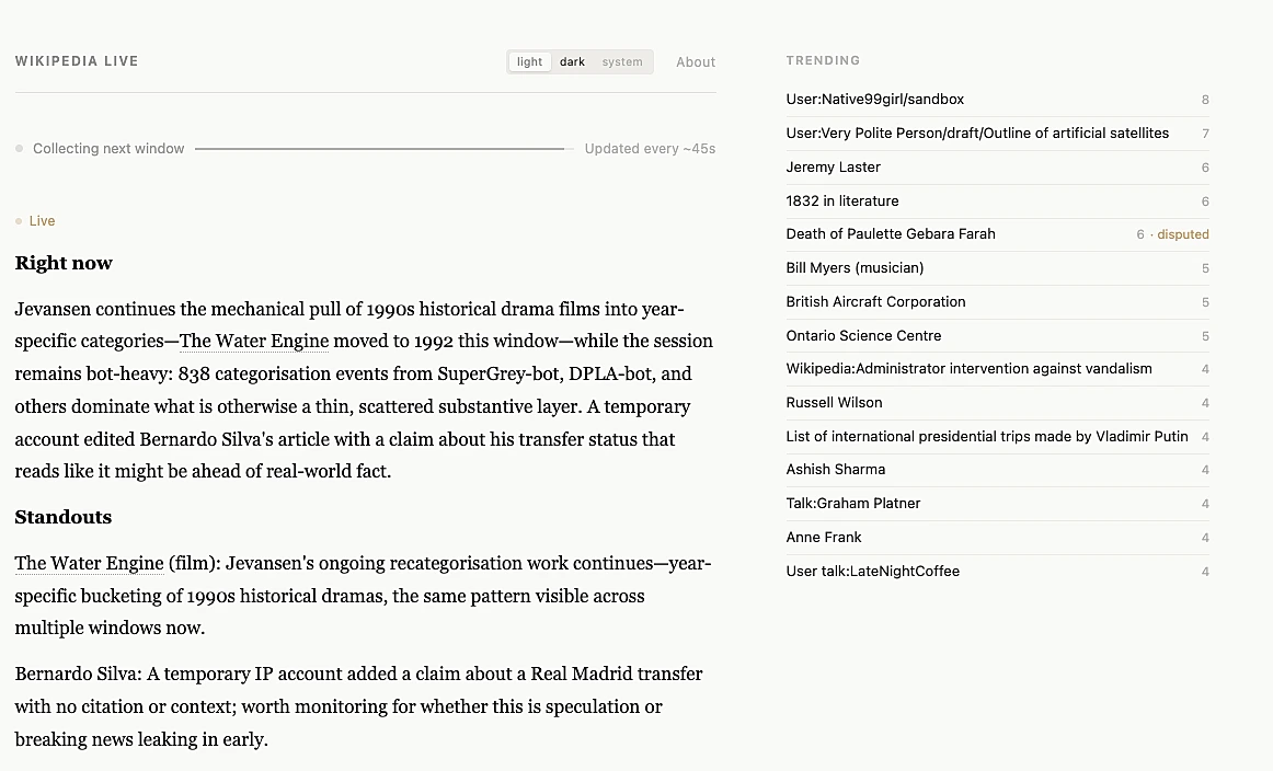 Screenshot of Wikipedia Live showing a narrated window of edits alongside the recent activity feed